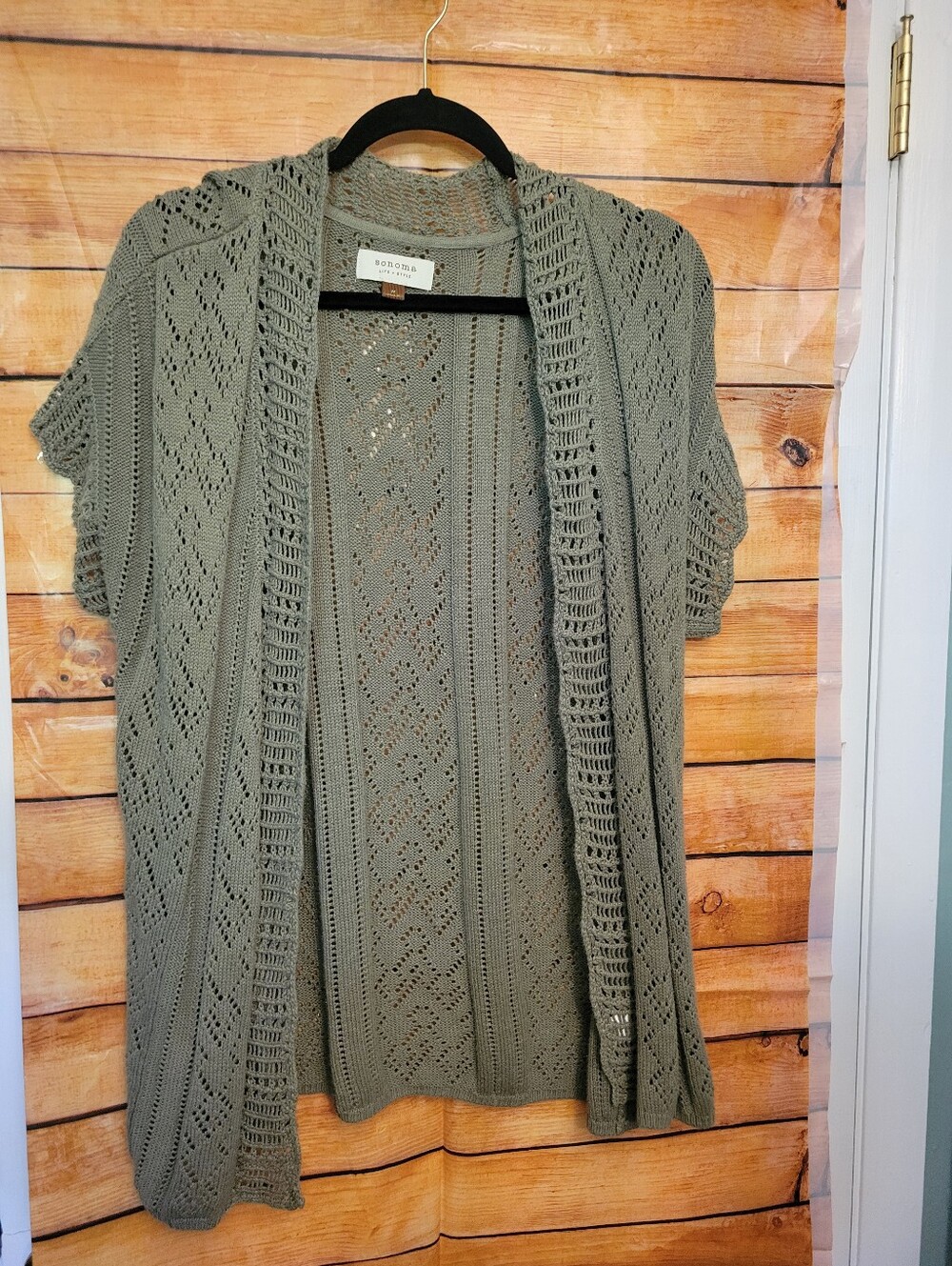 Olive Open-Knit Short Sleeve Cardigan M